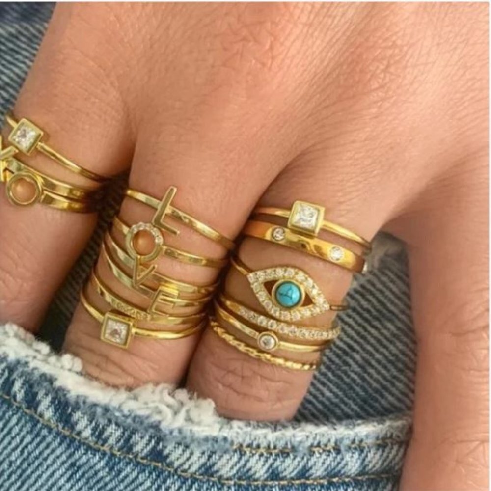 14k Yellow Gold Plated Turquoise & Swarovski Crystal Accented Evil Eye Ring NWT - Picture 1 of 7